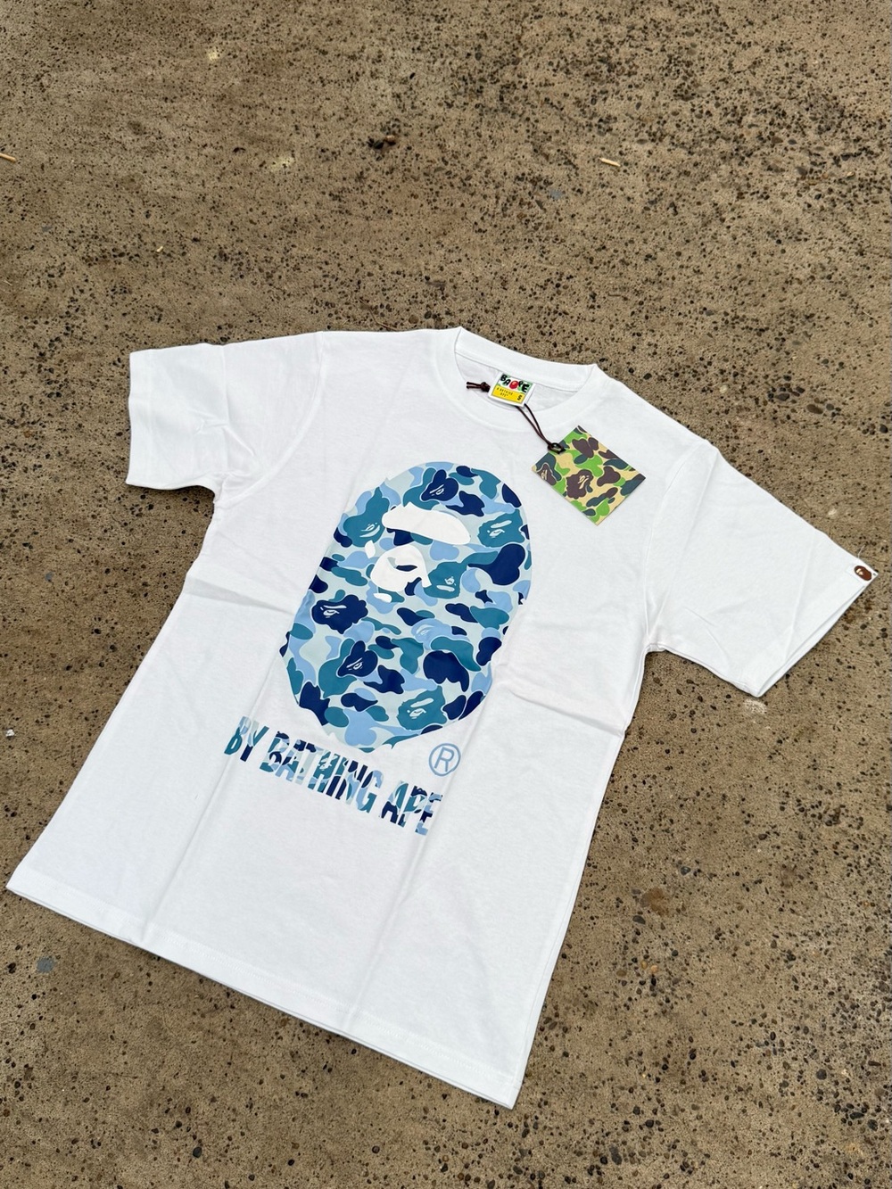 White T-Shirt with Blue Camo Ape Logo